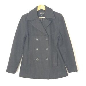 La Mode Super Black Double Breasted Wool Cotton Blend Pea Coat Jacket Small